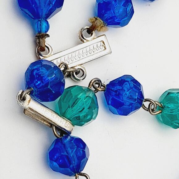 Vintage Hong Kong Early Plastic Two Strand Beaded Necklace, Green Blue Beads - Picture 5 of 10